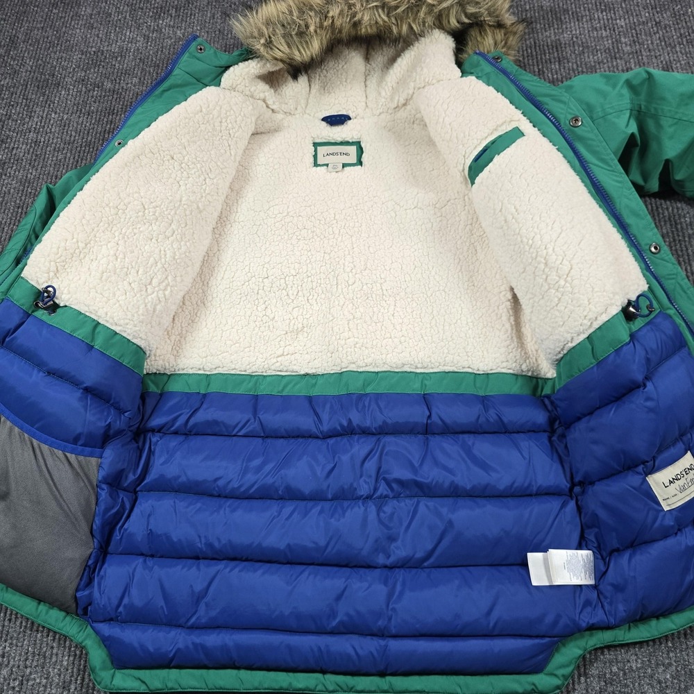 Lands End Parka Youth XL 18-20 Green Faux Fur Hood Down Insulated Winter Coat - Picture 5 of 13